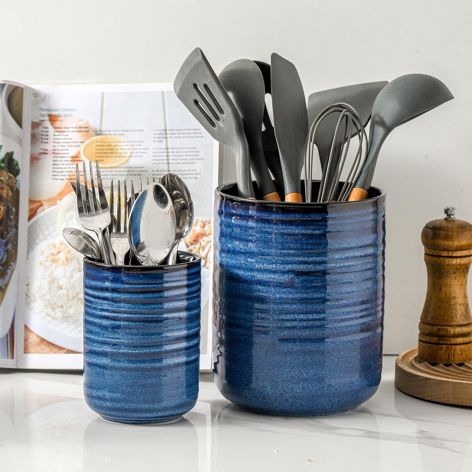 Hasense Utensilienhalter, 18,8 cm + 13,7 cm, Keramik-Kochutensilien-Topf für Küchentheke, 2 Stück, Utensilien-Organizer für Spatel und Löffel, Küchendekoration, Marineblau