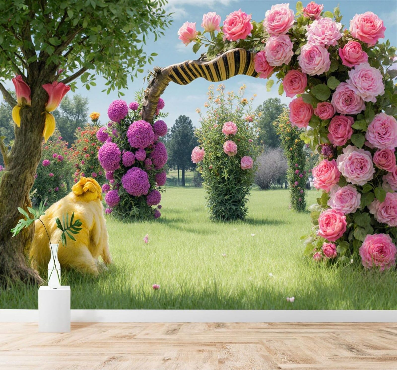 Tzxztt 250Cm×170Cm(B×H) Fantasy Garden Pink Roses Yellow Animals Green Lawn Modern 3D Wallpaper Premium Textured Silk Neutral Tones Material Ideal For Living Room Bedroom-250Cm×170Cm