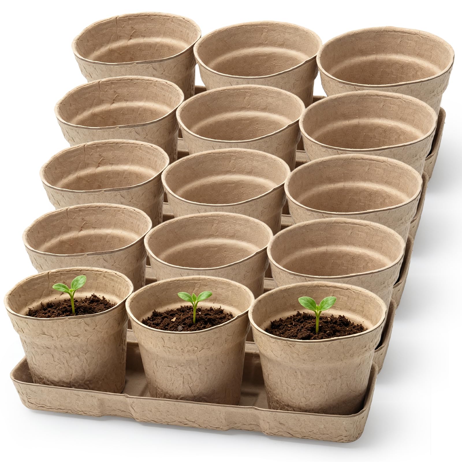Biodegradable Plant Pots, 10cm Compostable Seedling Pots Set with Tray, Small Planting Pots for Seedlings & Transplanting, Nursery Plant Pots for Flower Herbs Seedling (15 Plant Pots with 5 Trays)