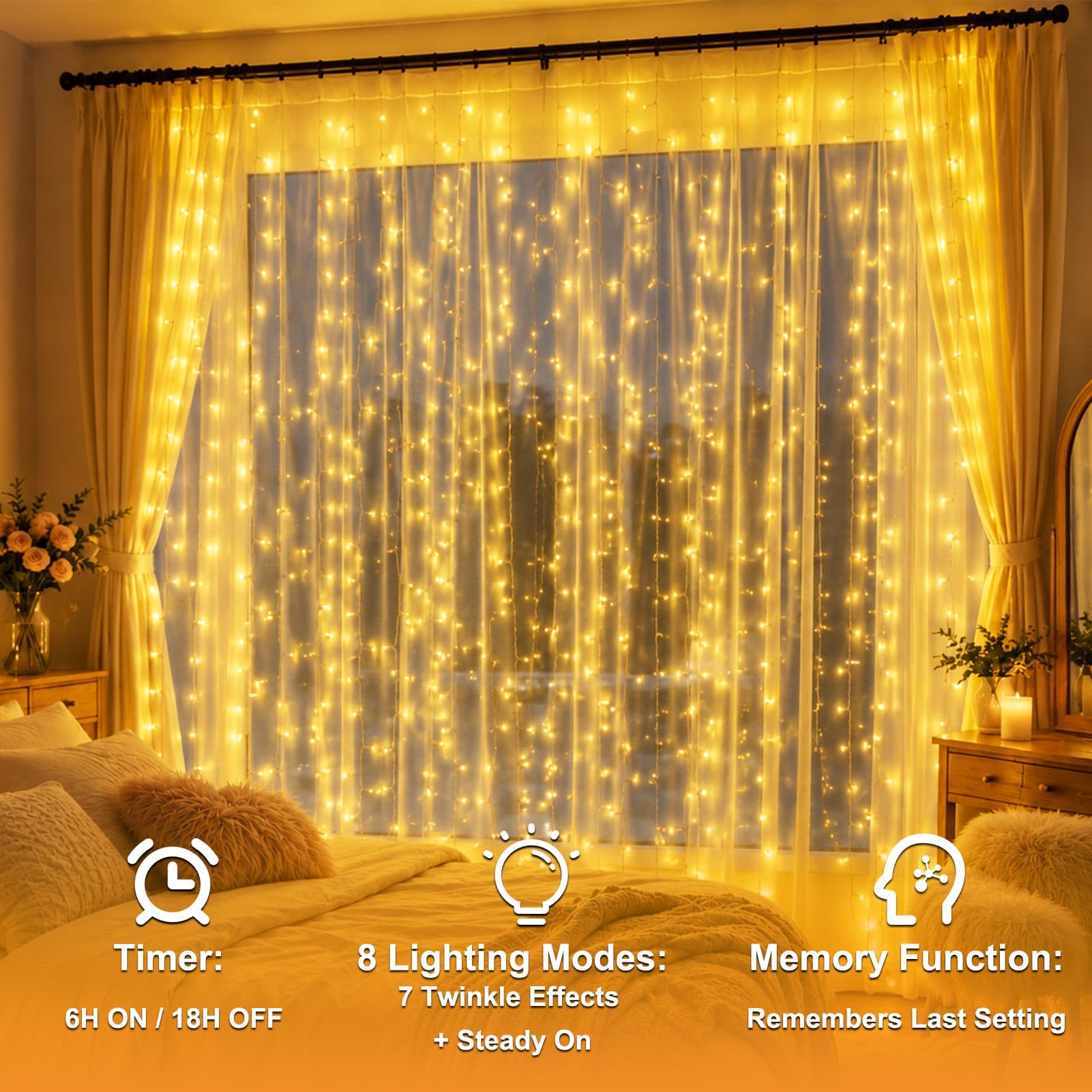 Rideau Lumineux 2 Pièces 3m x 3m 300 LED Guirlande Lumineuse Extérieur | Transformateur, Étanche 8 Modes & Timer Rideau LED Décoration Intérieur Fenêtre Chambre Mariage Fête Pergola Blanc Chaud