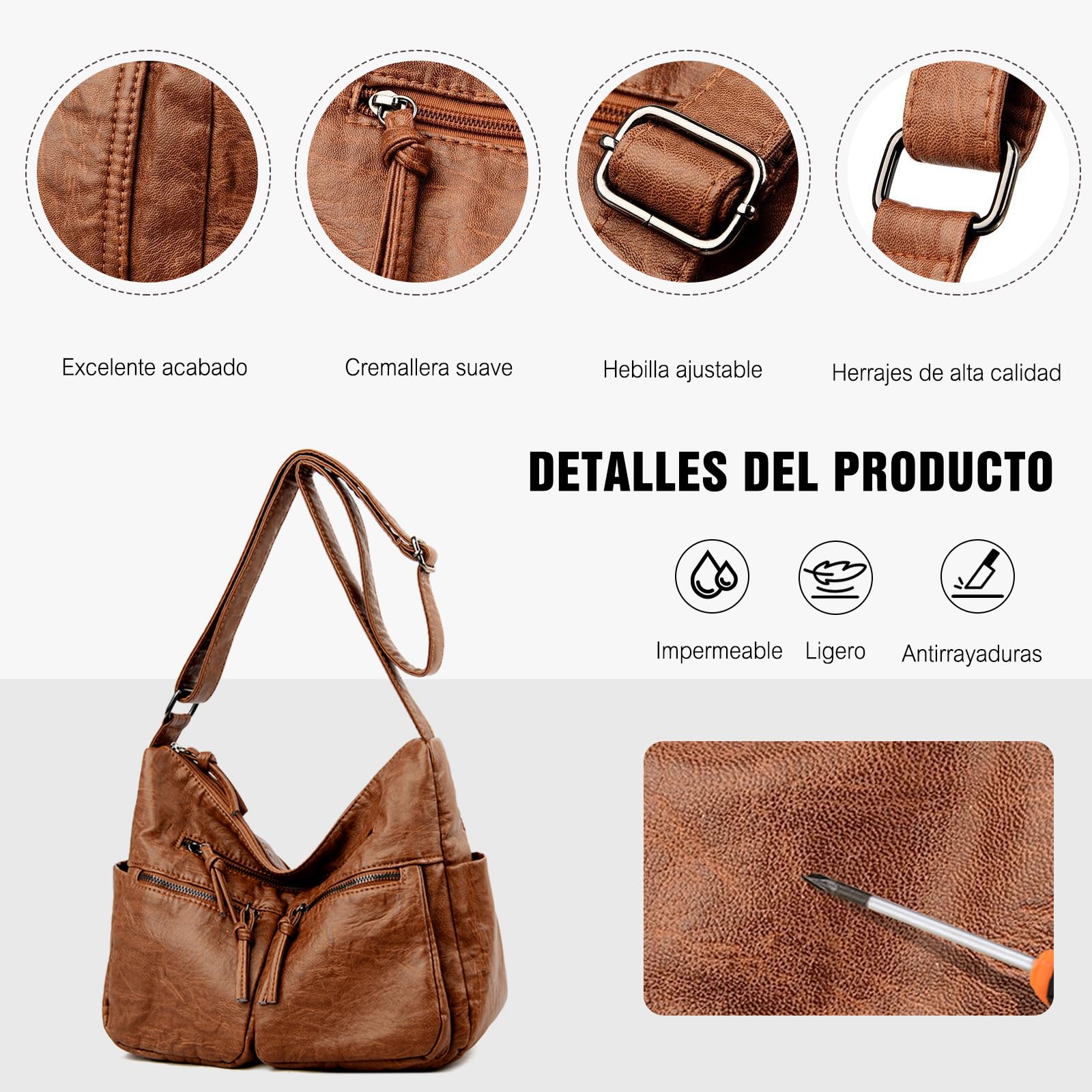 FANDARE Casual Bolsos de Mujer Bandolera Vintage Bolso Hombro Cruzado Impermeable PU Cuero para Viaje Trabajo Escuela Compras Conmutar Crossbody Bag Marrón