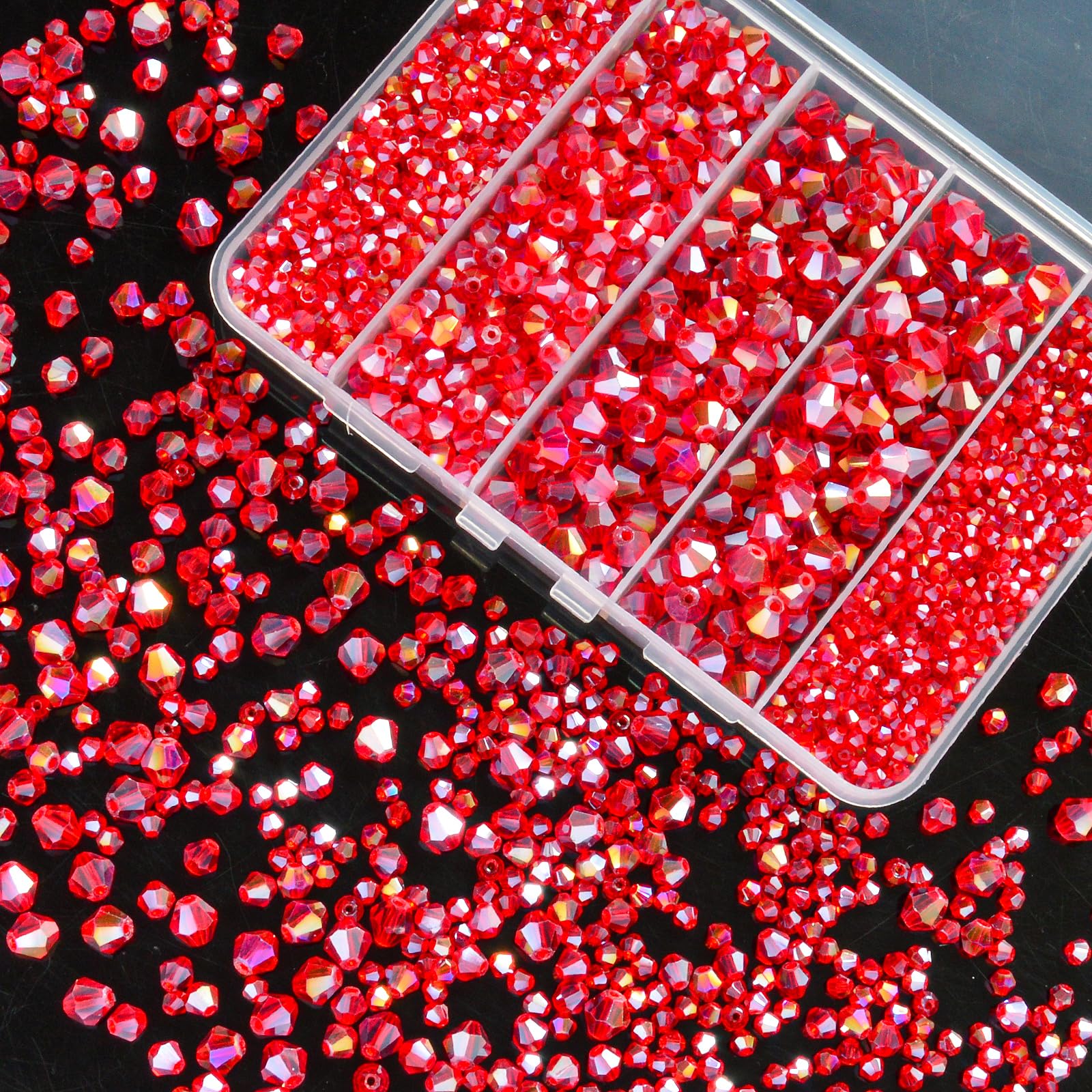 View 1 of 1550PCS Bicone Crystal Glass Beads Set for Jewelry Making, 3mm 4mm 6mm 8mm Sparkling Faceted Beads Sorted by Size for Bracelets, Necklaces, Suncatchers & DIY Crafts(Red)
