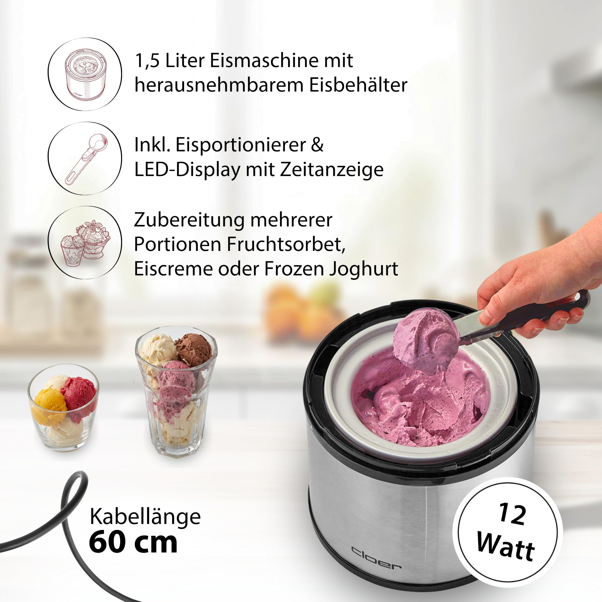 Cloer 9959 Eismaschine für 1,5 Liter Eis Creme, Frozen Joghurt und Sorbet
