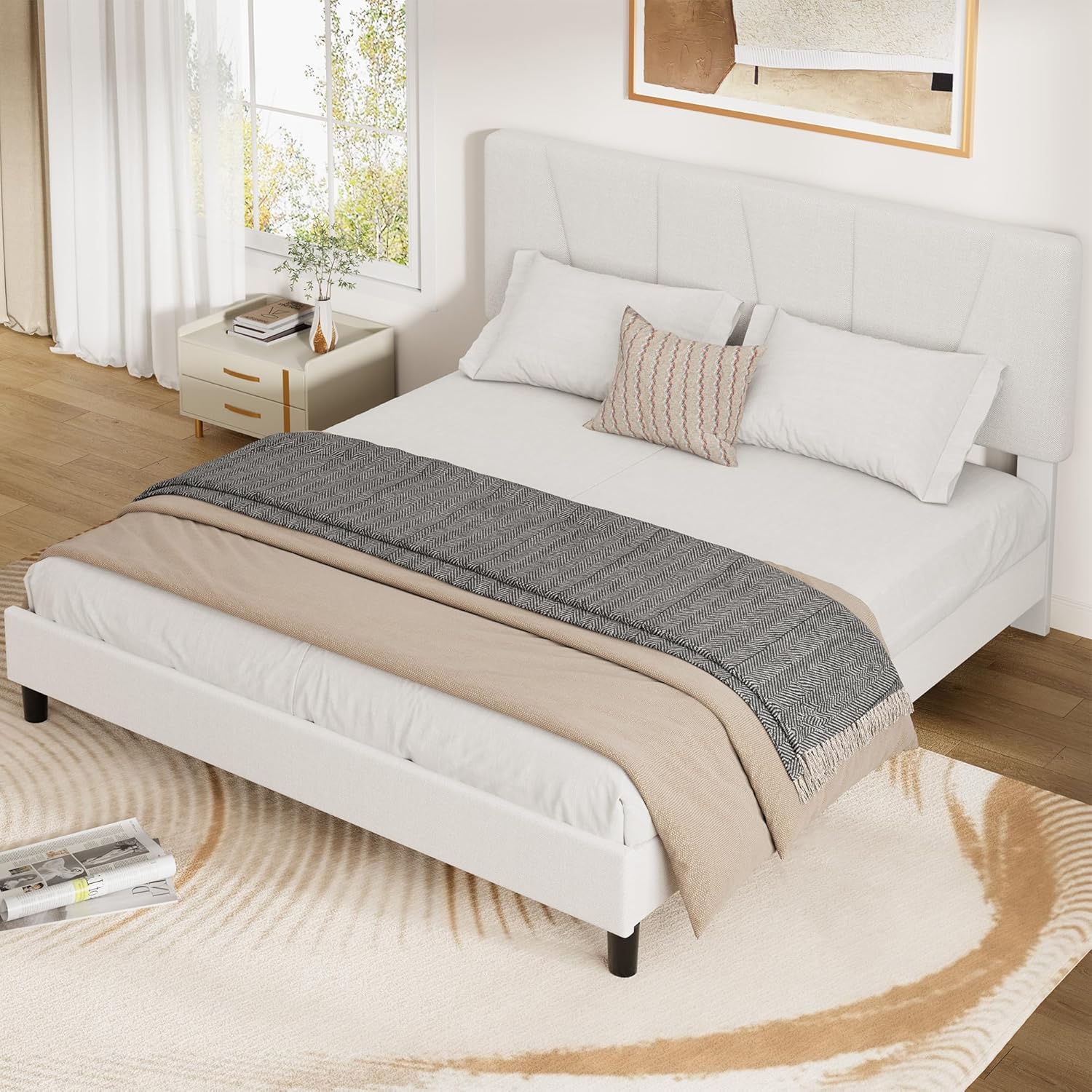 Full Size Bed Frame with Adjustable Headboard, Linen Upholstered Full Platform Bedframe with Strong Wooden Slats, Mattress Foundation, No Box Spring Needed, Easy Assembly