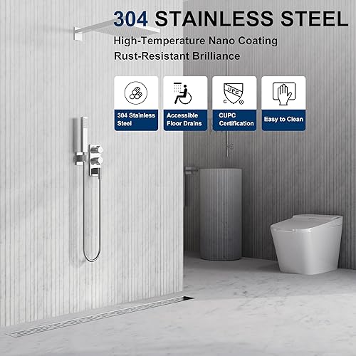 Miniatura 3 de Neodrain - Drenaje lineal rectangular de 32 pulgadas con rejilla de patrón de ladrillo, desagüe de piso de baño de acero inoxidable cepillado 304,