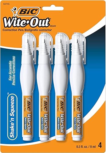 BIC - Bolígrafo corrector Wite-Out Shake 'n Squeeze , 0.033 onzas líquidas, blanca, paquete de 4 (WOSQPP418)