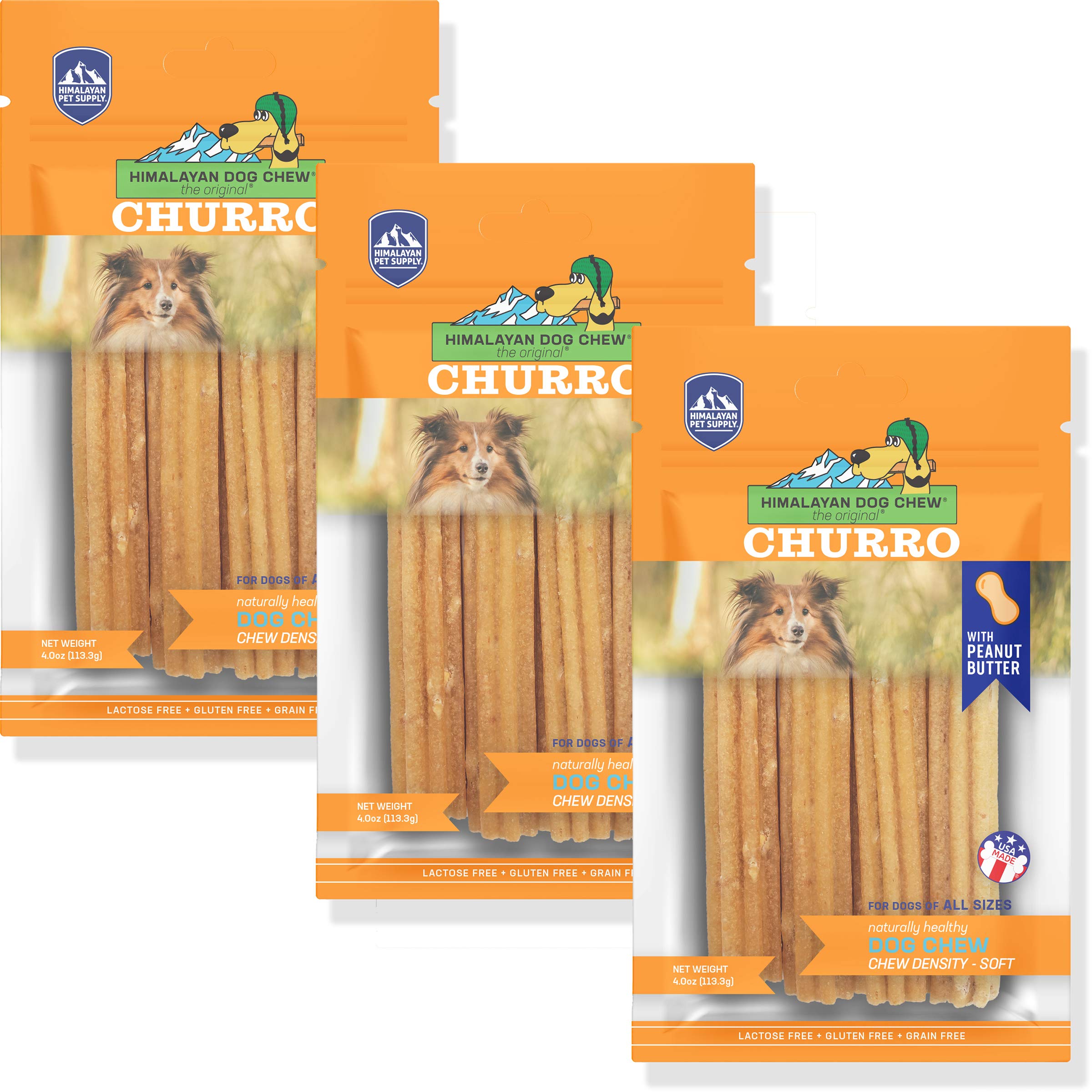 yakyCHURRO Himalayan Cheese Treats | Lactose Free - Gluten Free - Wheat Free -Soy Free| USA Made | for All Breeds | Peanut Butter Flavor| 3 Resealable Pouches