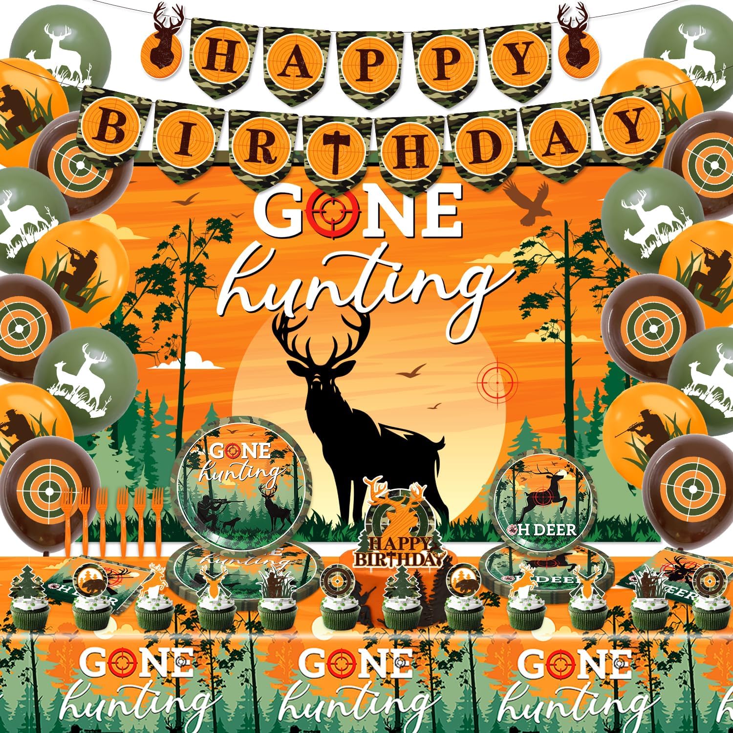 Hunting Birthday Party Decorations，Deer Hunting Birthday Party Decorations，Hunting Party Supplies Set Includes Hunting Banner Backdrop Balloons Cake Cupcake Topper Plates Napkin Forks Tablecloths