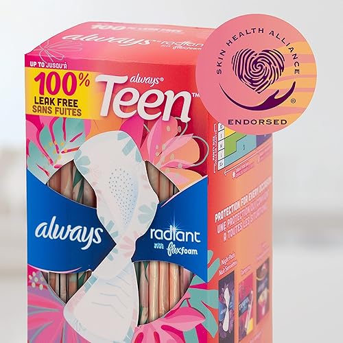 Miniatura 10 de Always Radiant - Almohadillas femeninas para adolescentes, tamaño 1, absorción regular, con espuma flexible, con alas, sin perfume, 42 unidades
