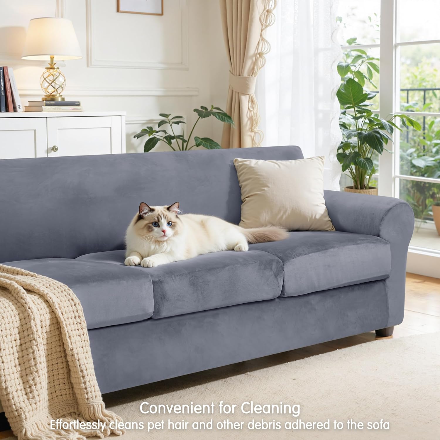CHUN YI 4 Piece Velvet Couch Covers for 3 Cushion Couch, Water Resistant Non Slip Sofa Slipcover, High Stretch Thick Furniture Protector for Dogs Pets, Large, Grey