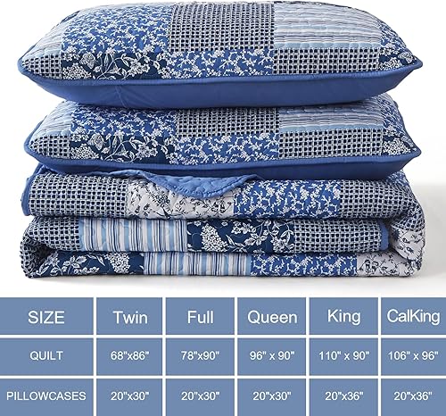 Miniatura 6 de Mybedsoul Juego de edredón bohemio azul tamaño King, juego de colcha floral a cuadros de 3 piezas para todas las estaciones, juego de ropa de cama