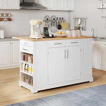 138 cm Large Kitchen Island on Wheels White