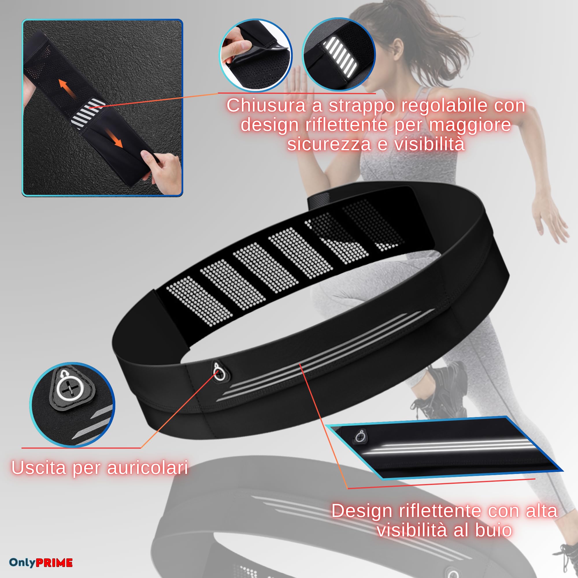 Marsupio Running Uomo Donna Cintura Porta Telefono Corsa Regolabile 60-110 cm Impermeabile con Tasche Design Riflettente