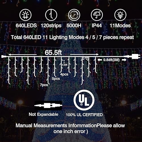Miniatura 3 de Vohuf Vibrantes luces LED de carámbano 640 LED, 285 pies de longitud, ideal para decoración de Navidad al aire libre, fiestas de vacaciones y bodas.