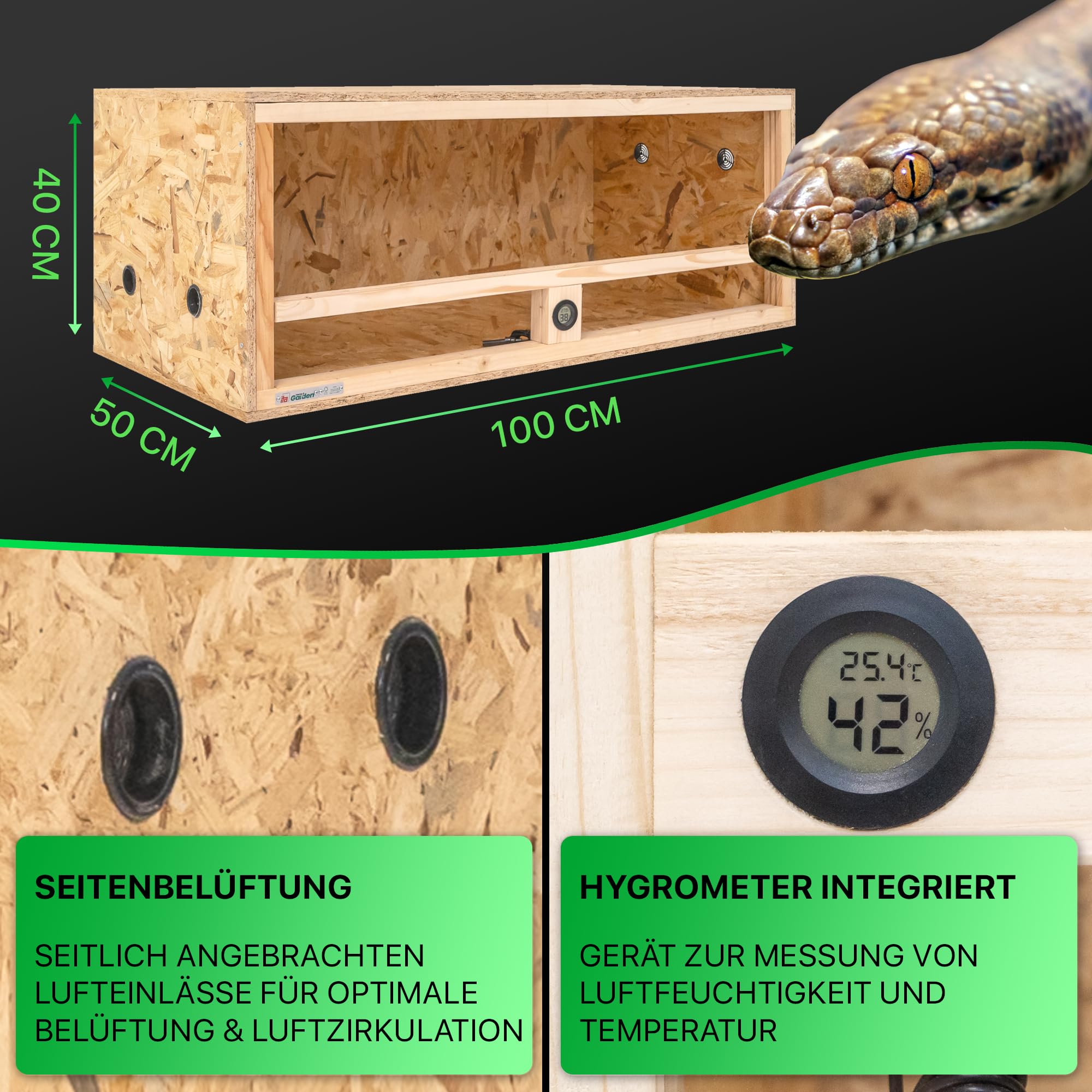 ITA Holz Terrarium 100x50x40 cm mit Seitenbelüftung & Integriertem Hygrometer - Holzterrarium aus OSB-3 Platten - Terrarien für Reptilien, Schlangen, Amphibien - EU Produkt, FSC Zertifiziert