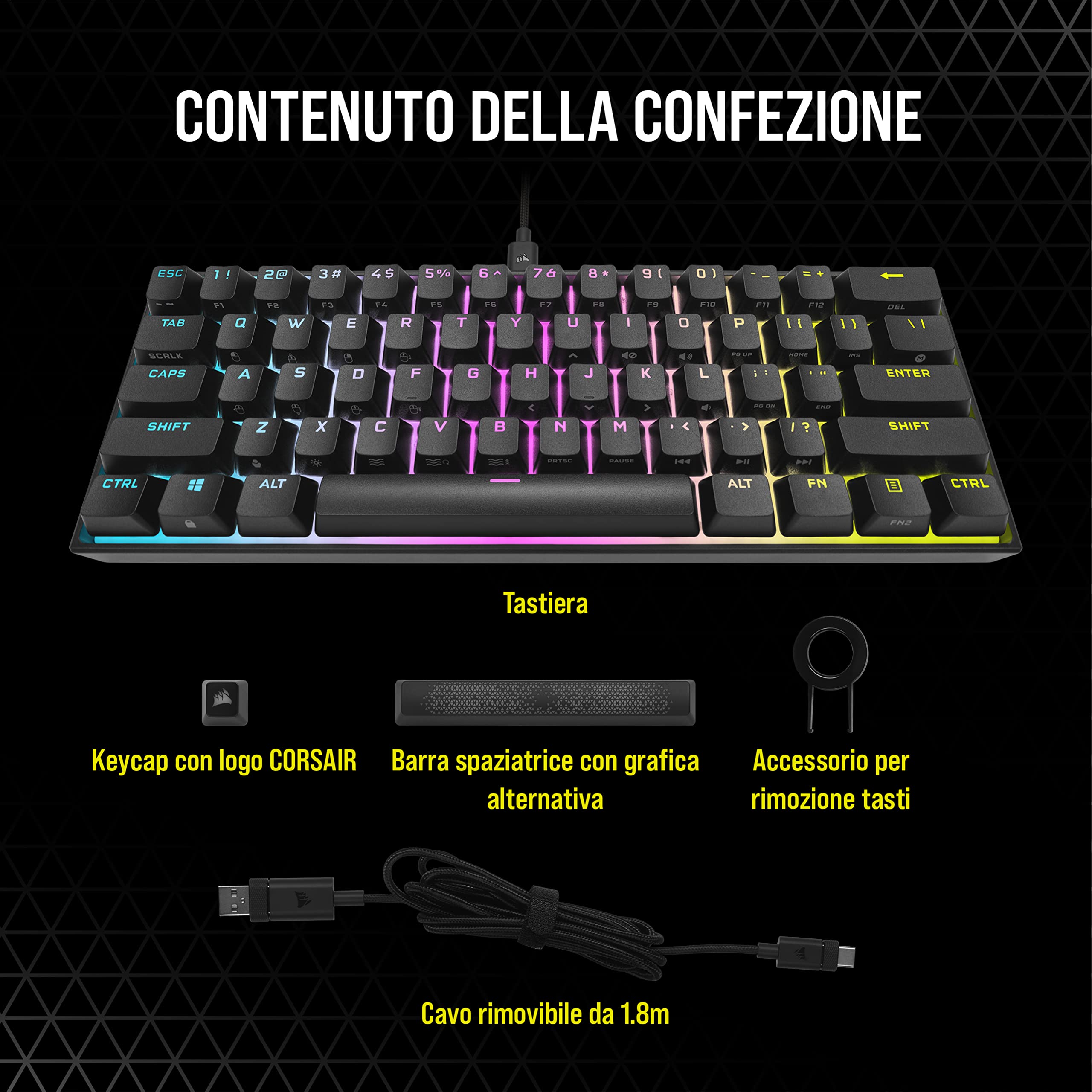 Corsair K65 RGB MINI 60% Tastiera Meccanica da Gioco con Cavo - Interruttori CHERRY MX RED - Keycaps a Doppio Scatto PBT - Compatibile con iCUE - QWERTY IT - PC, Mac, Xbox - Nero