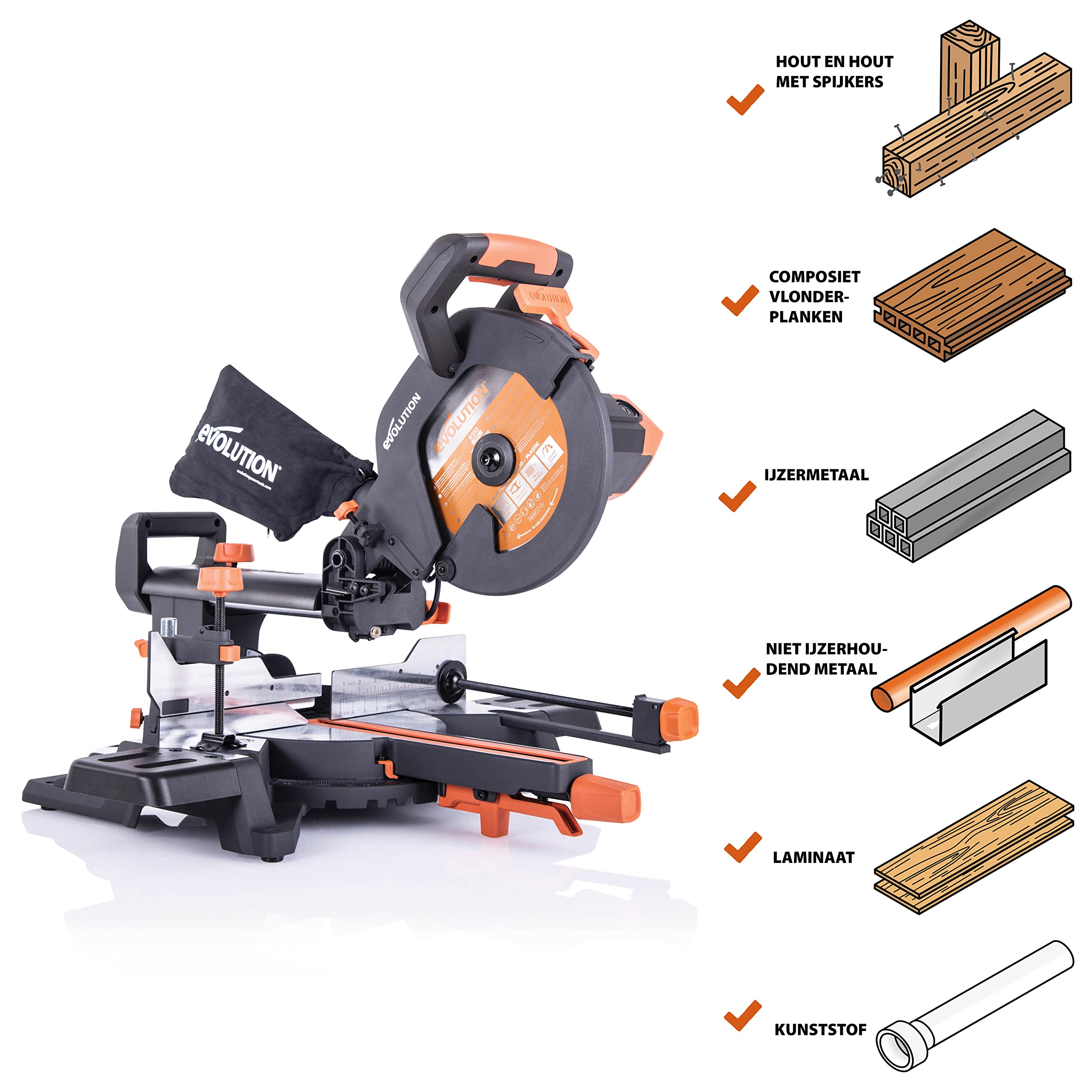 Evolution R255SMS | Multi-materiaal Glijdende Verstekzaag Onderstel Met Universele Hulpstukken 255 Mm