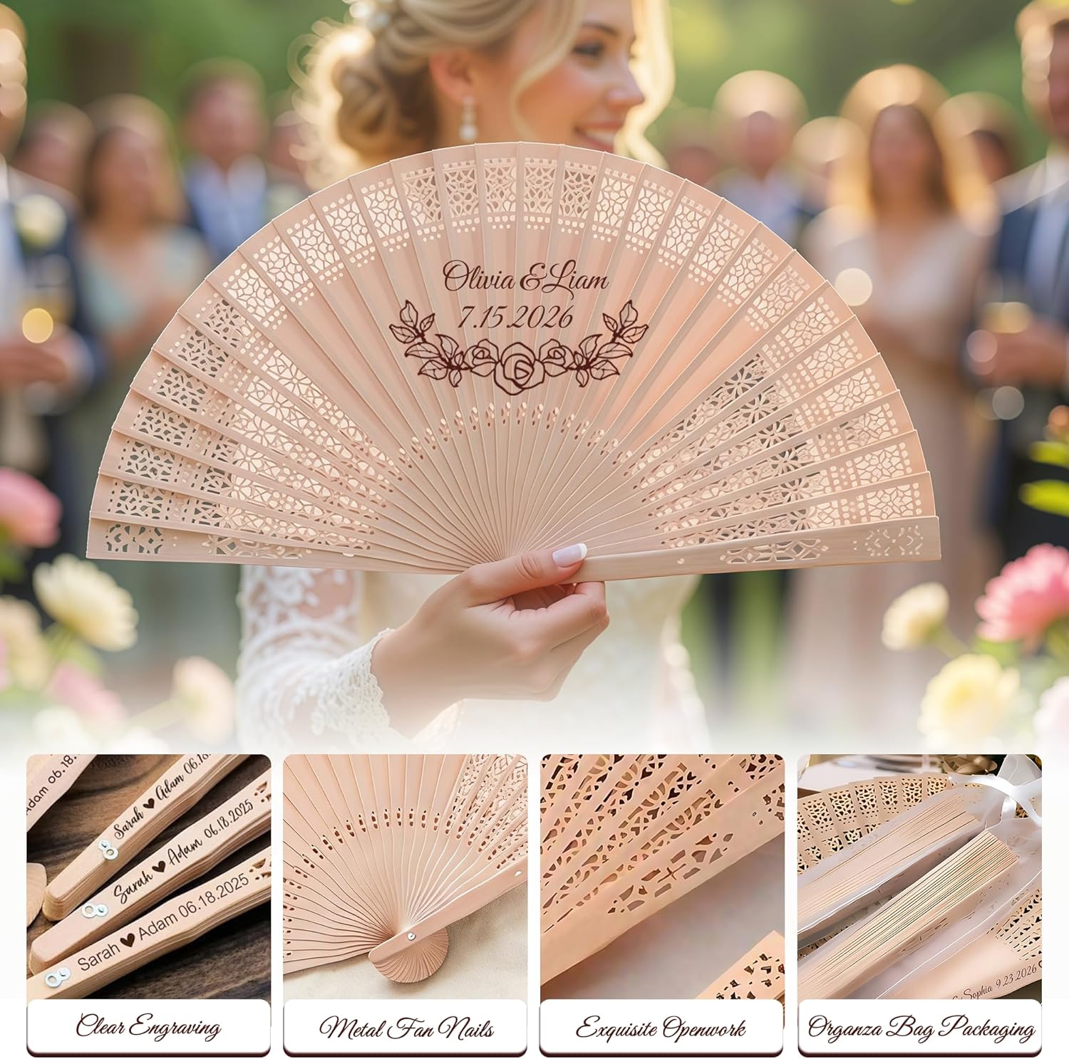Personalized Wedding Fans for Guests Bulk Custom Wooden Folding Handheld Fans Wedding Favors for Guests with Organza Bags Tassels Party,Graduation,Birthday Gifts (50Pcs)
