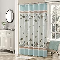 Vista 1 de Cortina de ducha Tremiti Aqua Starfish de poliéster, cortinas impermeables para baño con rayas verdes impresas, 72" x 78" extralarga
