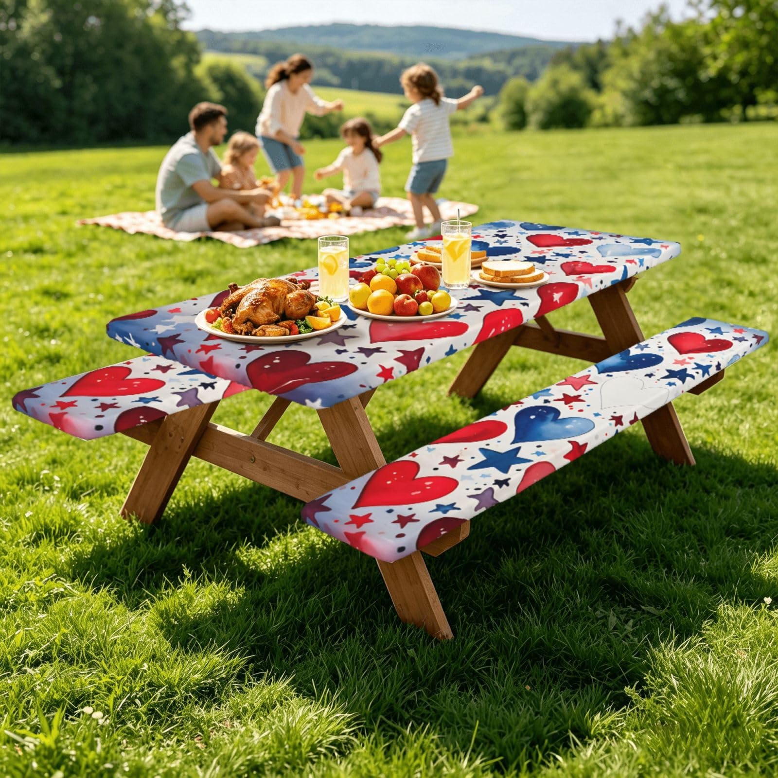 Nappe de pique-nique ajustée avec housses de banc, nappe de camping élastique et imperméable pour l'extérieur - 182,9 cm