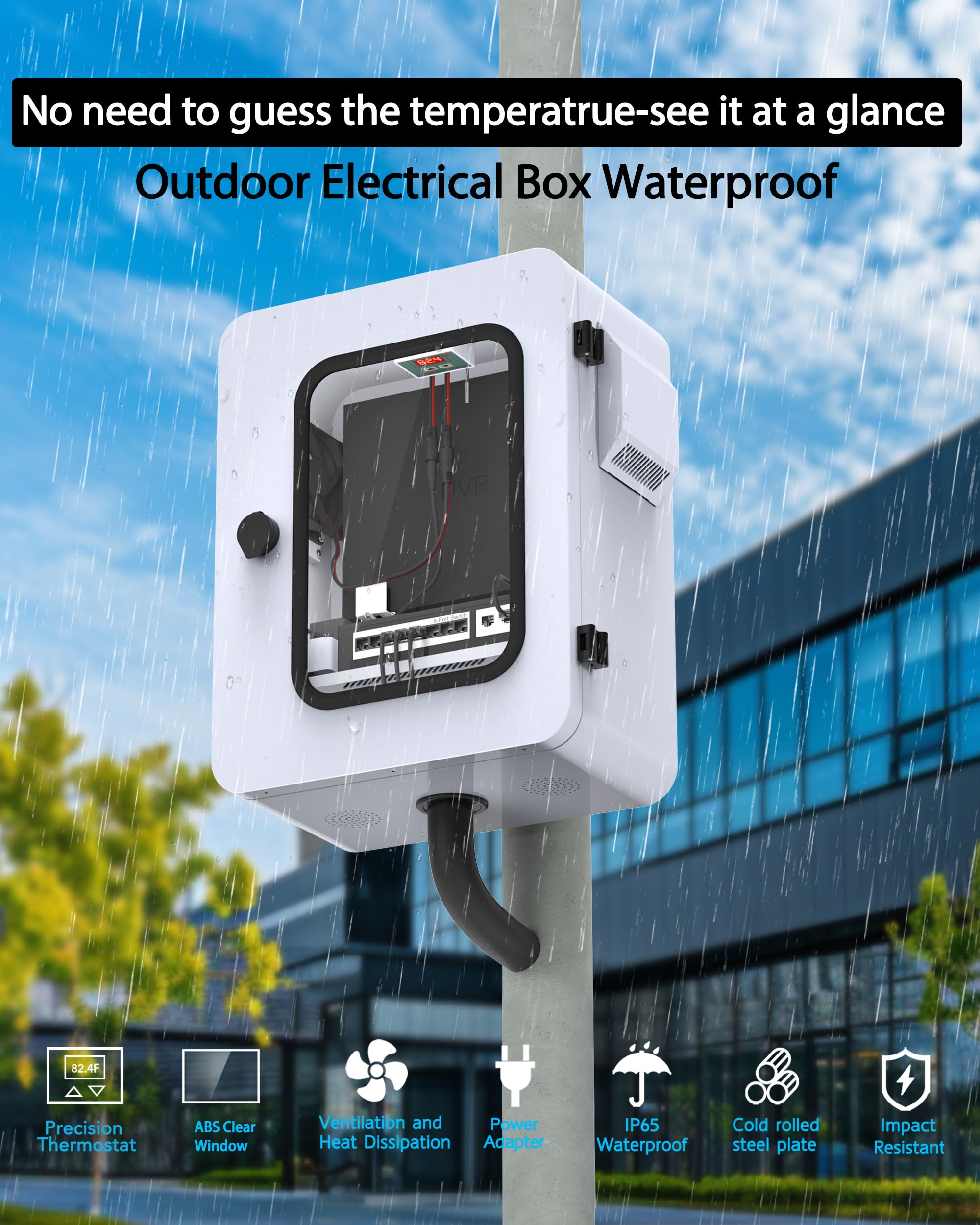 Caja eléctrica para exteriores con ventana transparente, termostato y ventilador, control preciso de temperatura de -17.7 °C, clasificación IP65 resistente al agua, acero galvanizado, haz