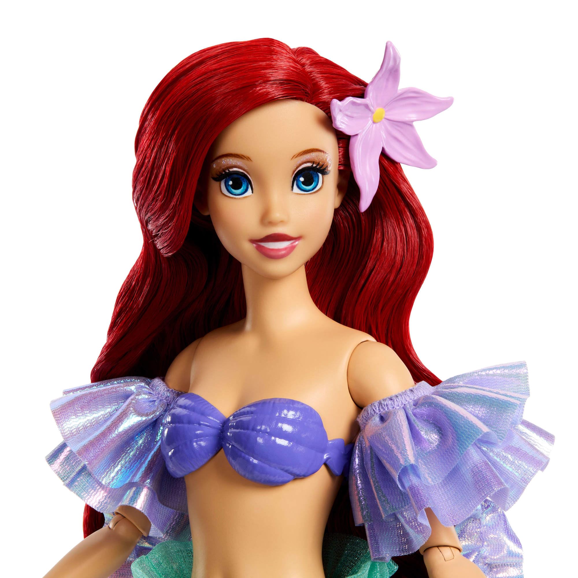 Mattel Disney Princesas Sparkling Princess Ariel Muñeca y Accesorio con Cola extraíble, Mangas y Pasador para el Pelo con Flor, Inspirada en la película, JLK25