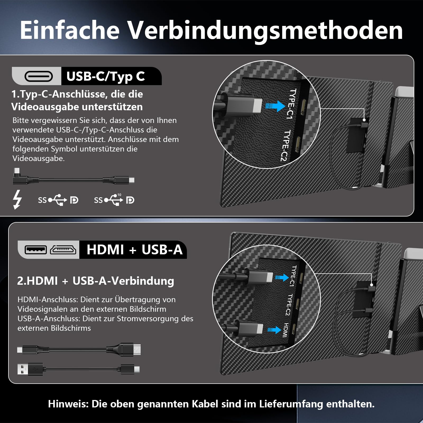 14-Zoll Laptop Bildschirm Erweiterung, 1080P FHD Portable Monitor Laptop | Laptop Monitor Erweiterung mit Lautsprechern, Triple Tragbarer Monitor Plug & Play für Mac, Windows, Android