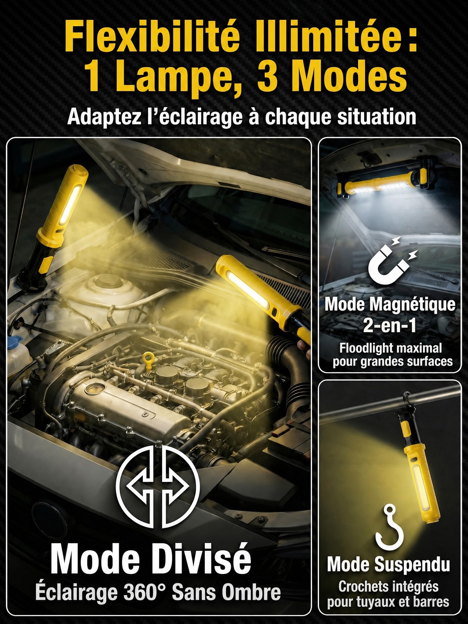 3000LM Baladeuse LED Mecanicien, 5200mAh Lampe de Travail avec Batterie Externe, 2-en-1 Séparable, Aimant, Crochet, IP54 SOS, Réparation Auto (Jaune vif)