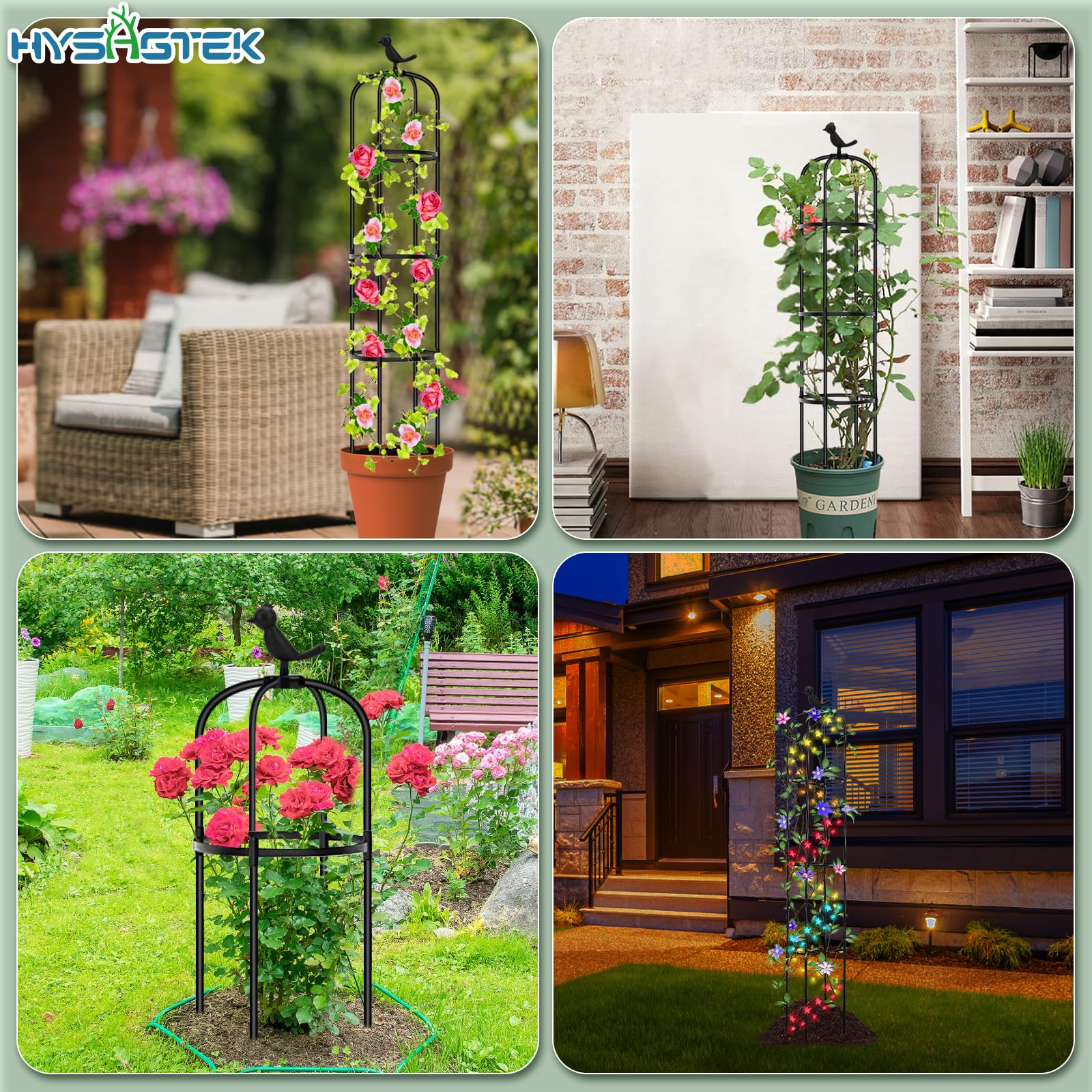 Hysagtek Rankhilfe Garten,145cm Obelisk Rankhilfe Brombeeren für Pflanzen Rankhilfe Rosen,Abnehmbar Glasfaser Rankturm mit 20 Stück Pflanzenklammer für Rosen Blumen und Tomaten Kletterpflanzen