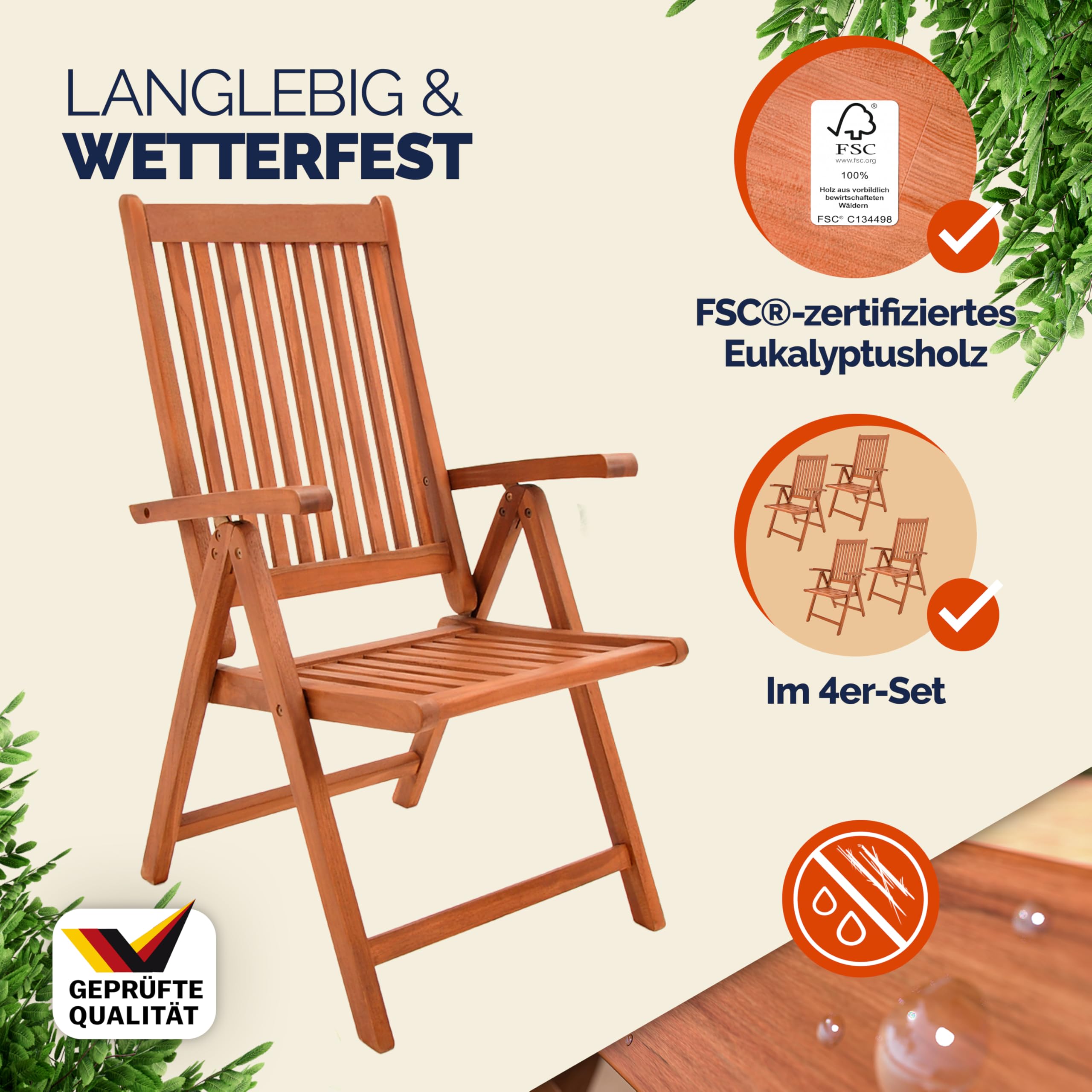 Casaria Chaises Pliantes Vanamo Bois d'eucalyptus Set de 4 | Chaise de jardin fauteuil terrasse pliable balcon