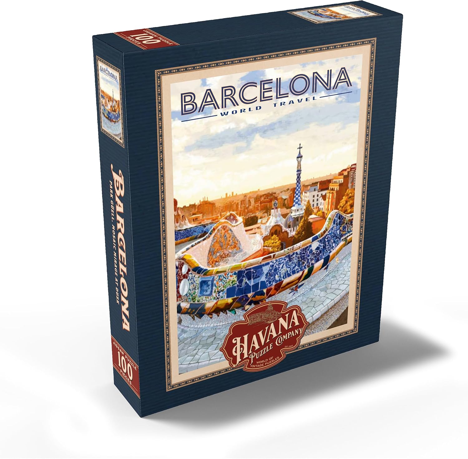 MyPuzzle Barcelona, Spain - Park Güell, Mosaic Mirage At Dusk, Vintage Travel Poster - Premium 100 Piece Jigsaw Puzzle for Adults
