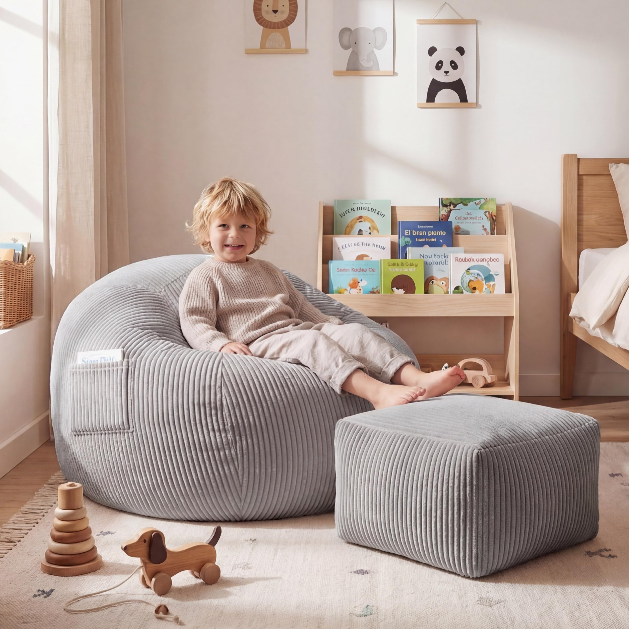 MARK ADLER Comfy 3.0 ogromny worek do siedzenia XL z podnóżkiem, dla dorosłych, szary | Duży fotel i pufa ze sztruksu z uchwytem – 125 x 85 x 50 cm wygodny – wypełnienie piankowe – do sypialni i salonu
