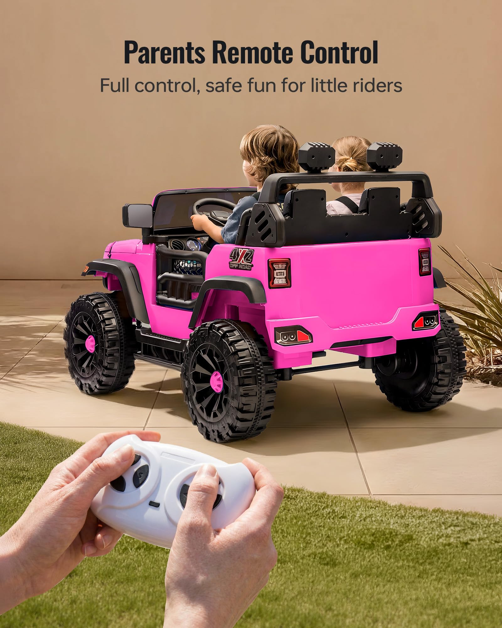 2 Seater Ride on Car Toy, 12V Electric Car for Kids 4-8 with Remote Control, Capacity 150 lb, LED Light - Hot Pink