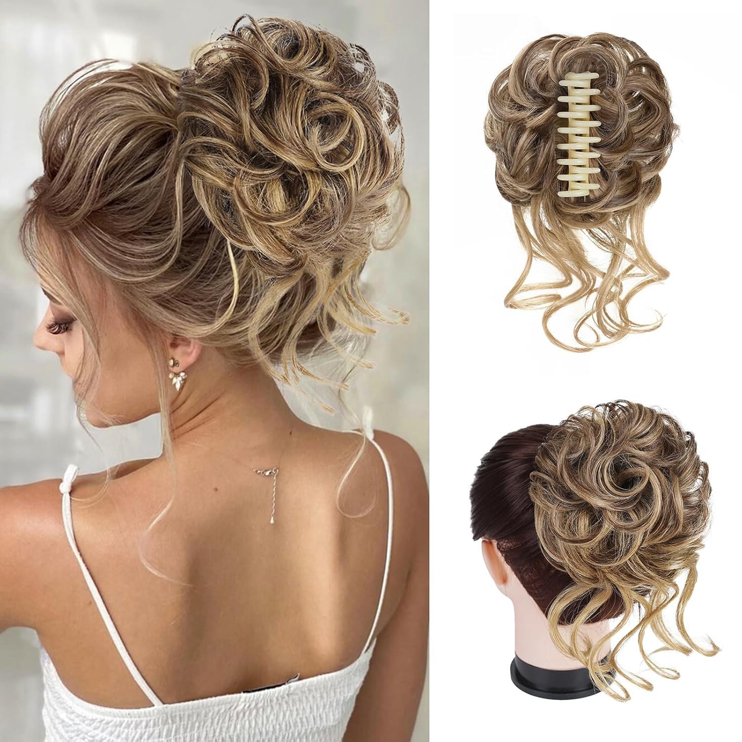 Foaoit Large Messy Bun Hair Pieces for Women Wavy Curly Fake Hair Bun Extensions Ponytail Hairpieces for Updo Natural Synthetic Claw Clip Bun Hair