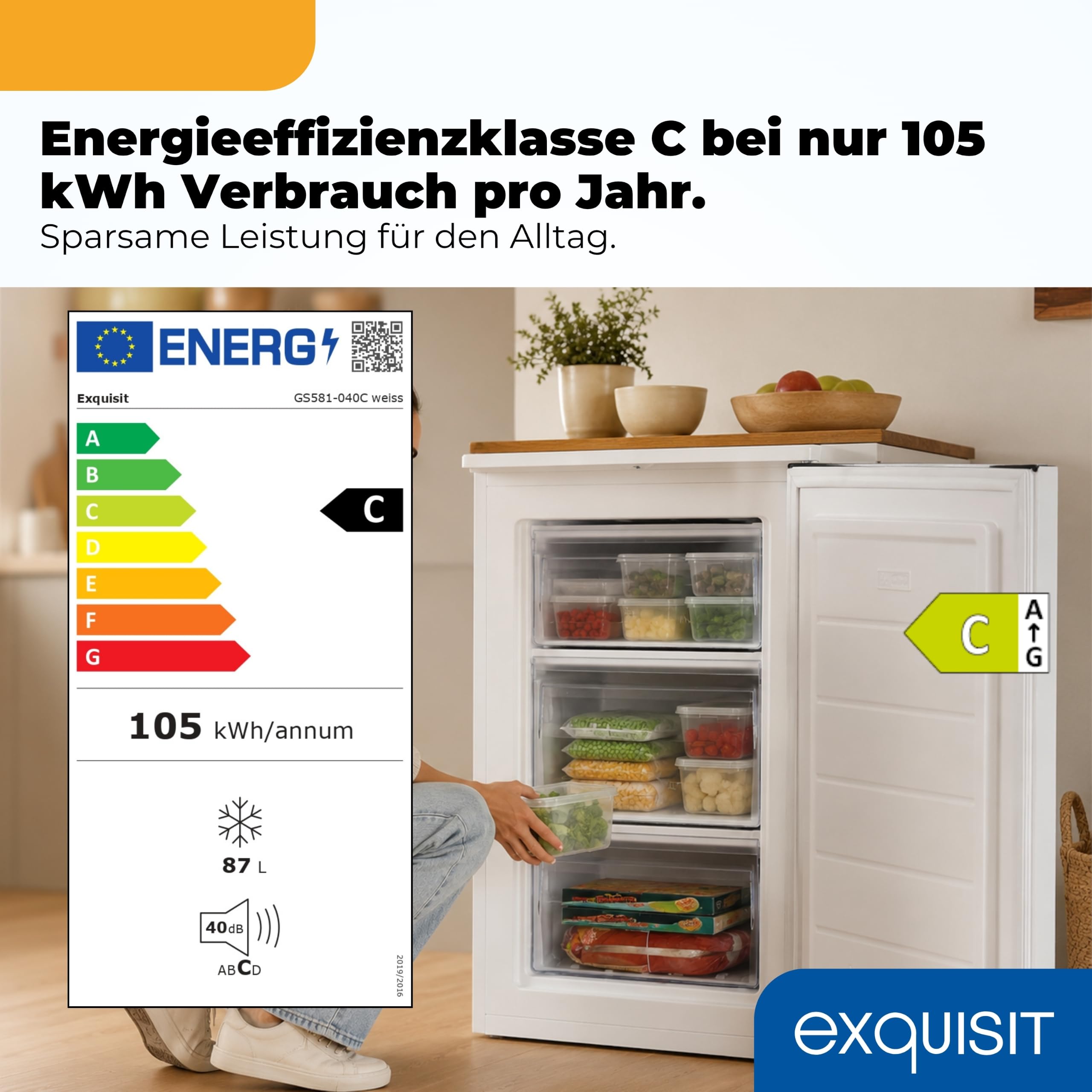 Exquisit Gefrierschrank GS581-040Cweiss 87 L 85,5 cm Höhe Energieklasse C 40 dB 4-Sterne-Gefrieren Weiß