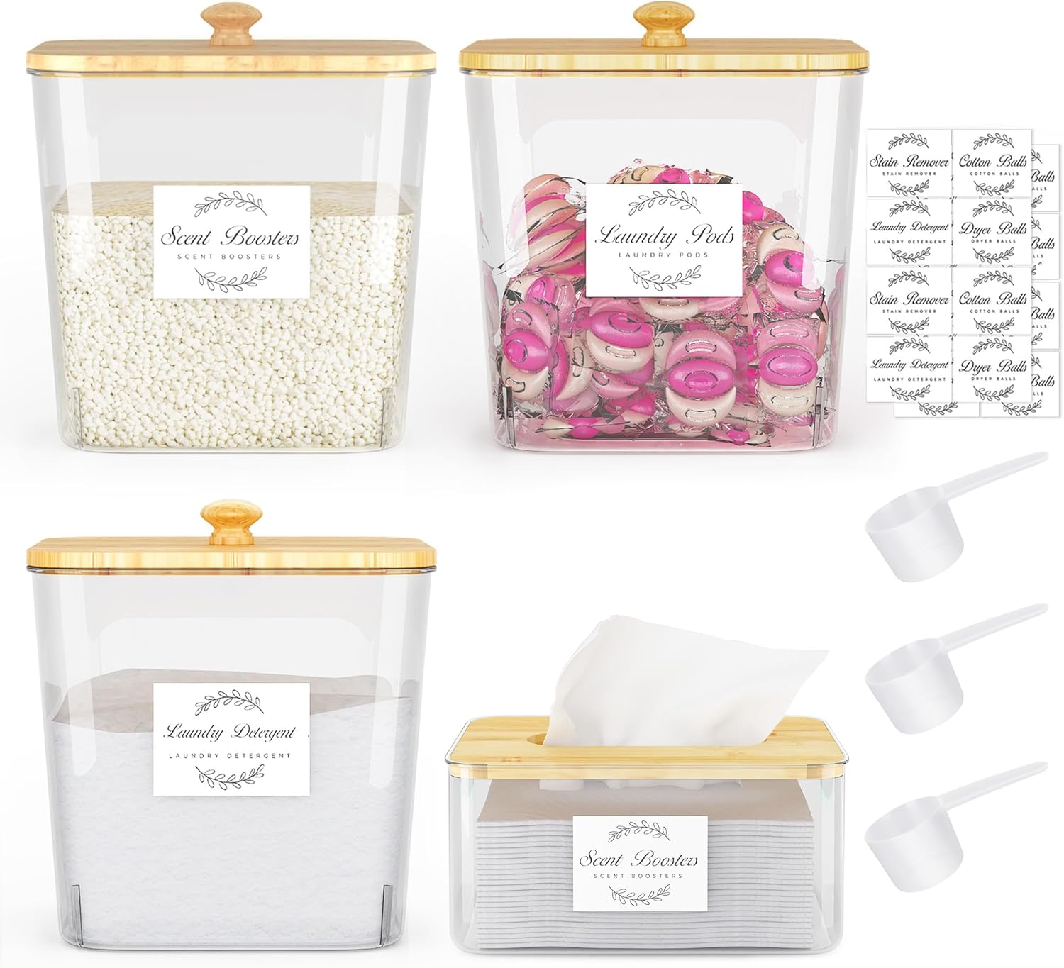 Laundry storage organizer with bamboo lids scoops and labels