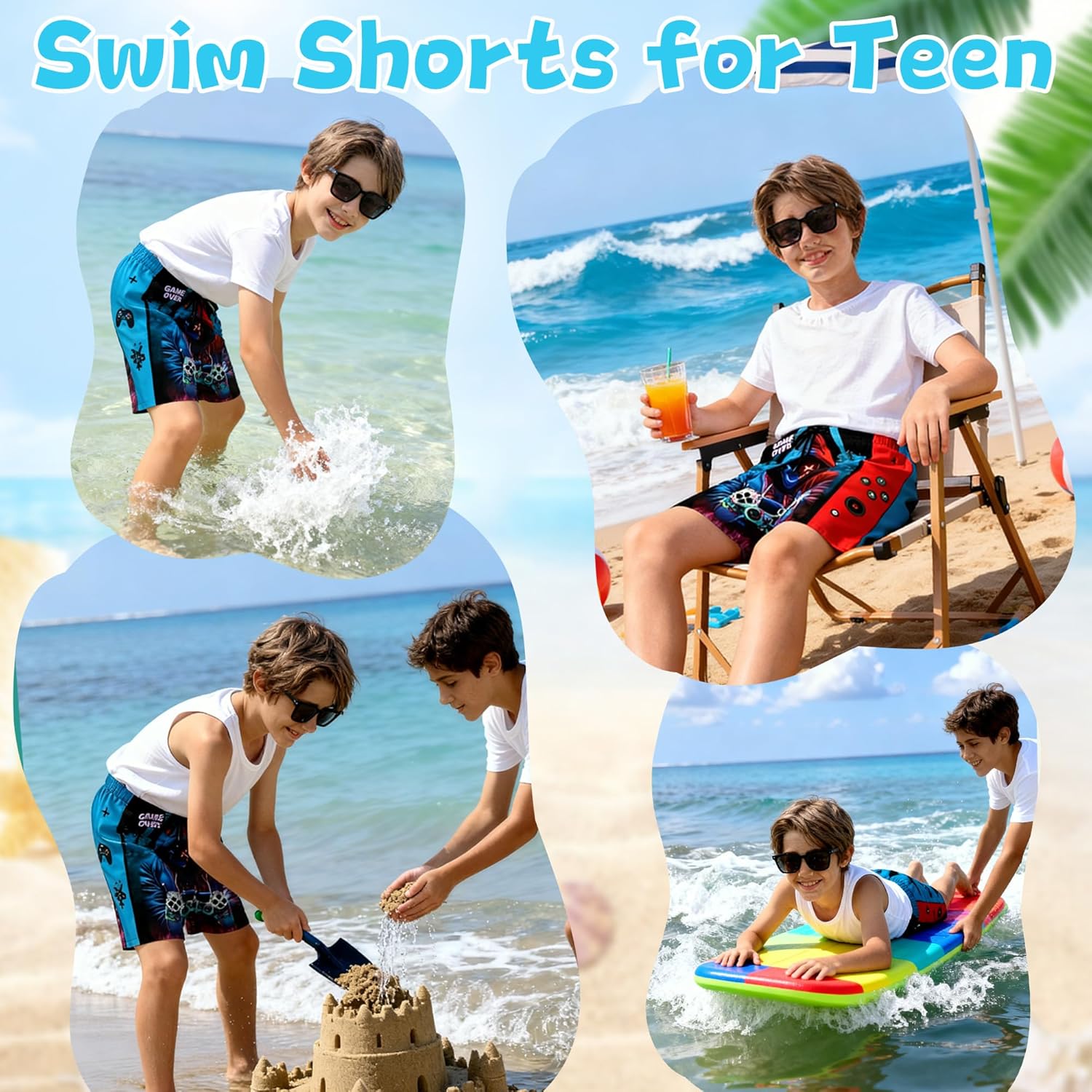 7-15Y Boys Game Swim Trunks with Compression Liner, Quick Dry Beach Swimsuit & Summer Bathing Suit