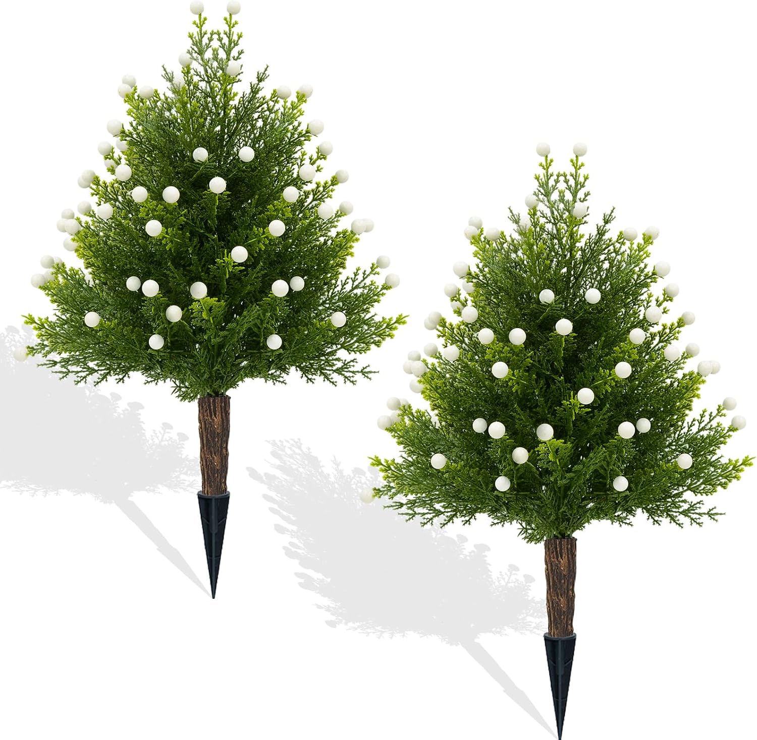 21" Fake Bushes with White Berries, Faux Outdoor Shrubs with Ground Stakes
