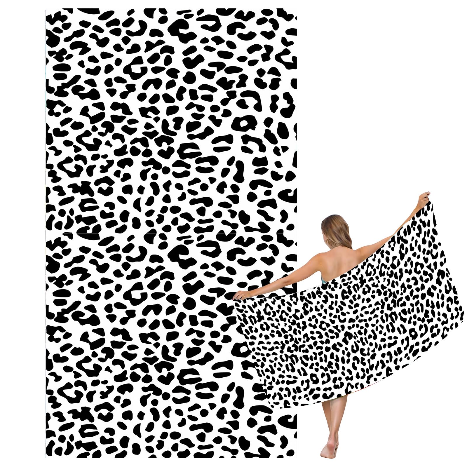 Large Quick Dry Microfibre Beach Bath Towel for Adult,Black White Leopard Print Sand Free Beach Towel with Bag,Lightweight Gym Yoga Sports Towel,Compact Travel Summer Beach Towel for Women Men