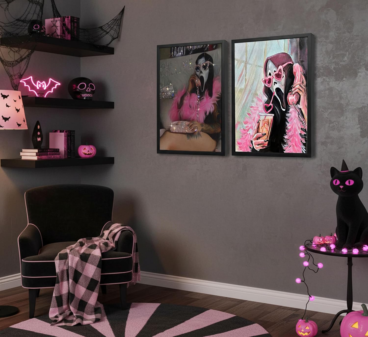 2Pcs Framed Halloween Ghosts Mask Wall Art Modern Pink Academic Gothic Romantic Ghost Wall Decor Pictures Horror Funny Preppy Canvas Posters Prints for Corridor Restroom Toilet Bedroom Decoration (Framed, 16L" x 12W")