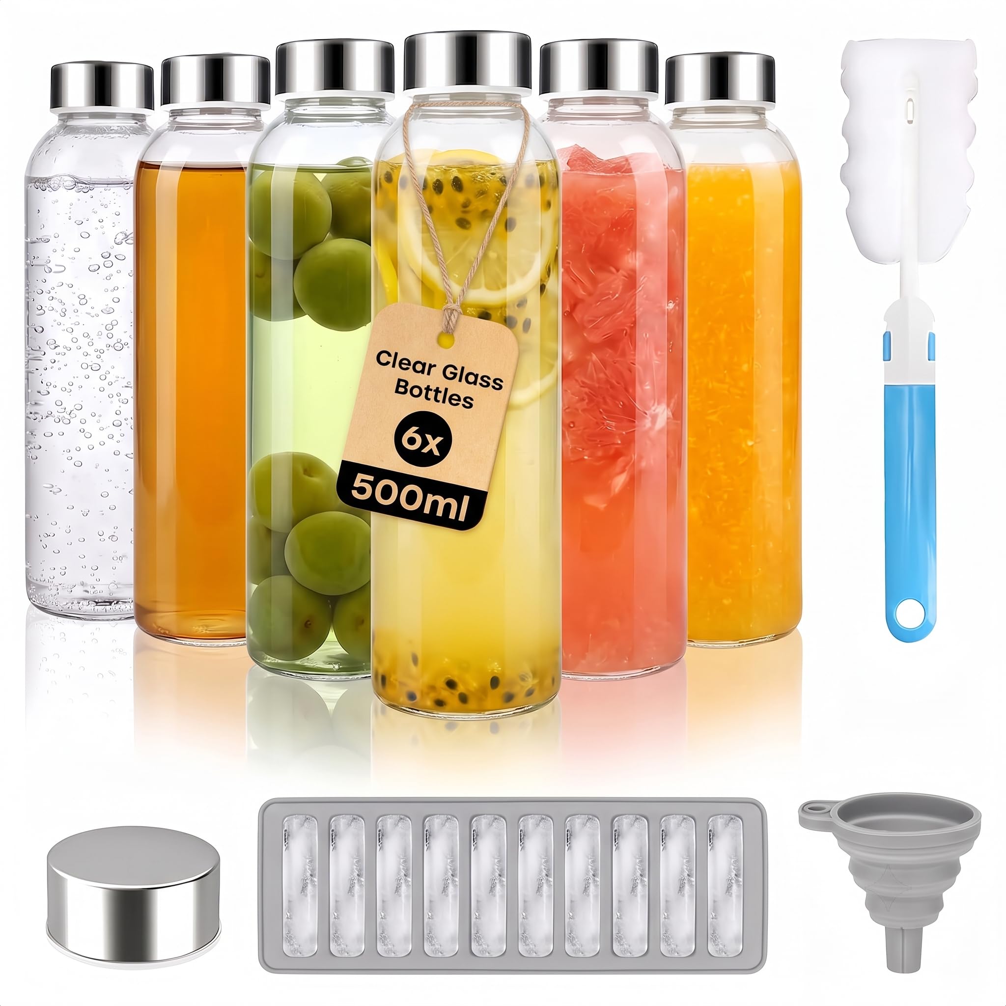 Pippuru Glass Juice Bottles with Lids for Juicing 500ml, Reusable Clear Glass Water Bottles with Stainless Steel Airtight Cap for Refrigerator, 100% Leak Proof, BPA Free, Set of 6