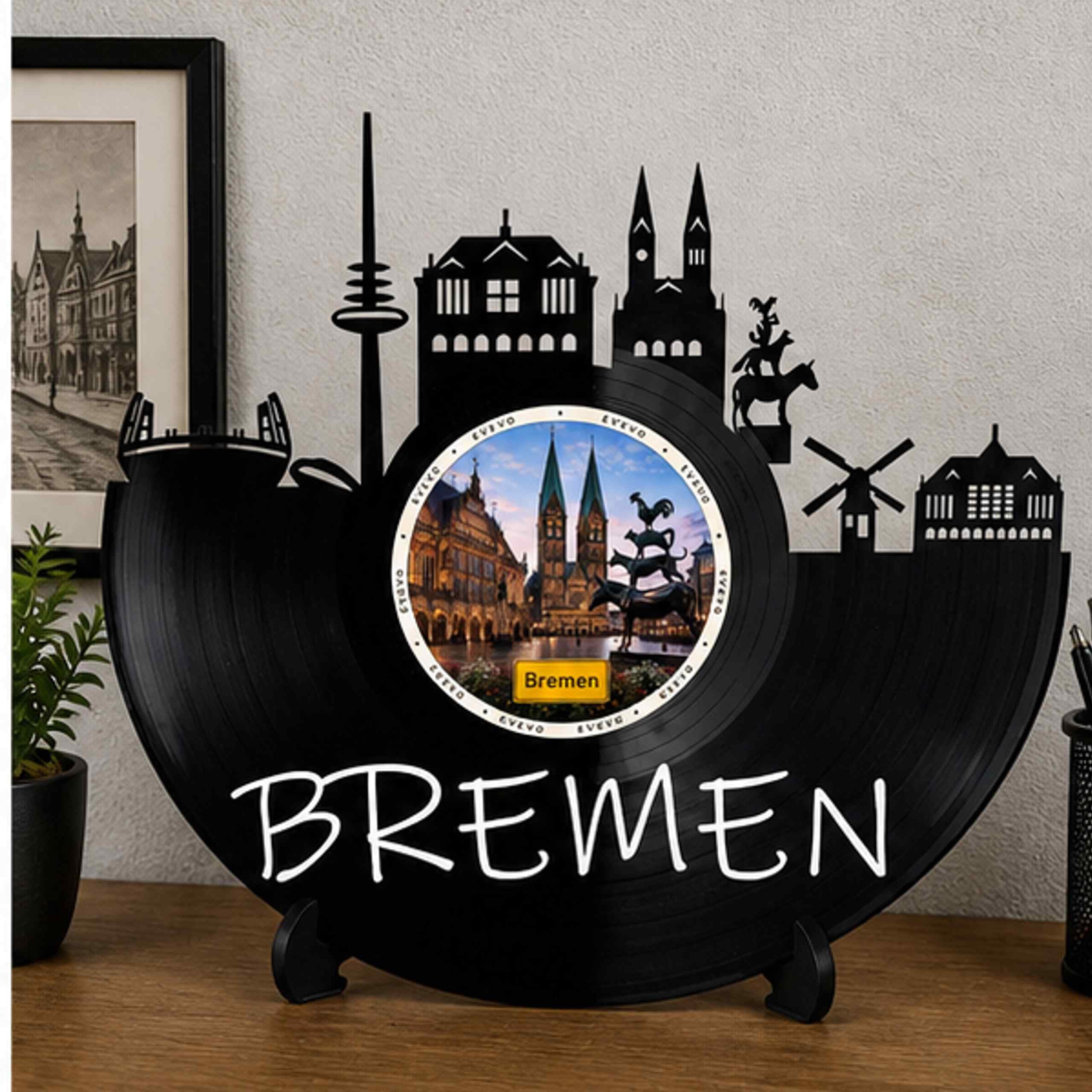EVEVO Dekoracja ścienna z płyty gramofonowej Brema - winylowa sztuka ścienna Hanse Skyline prezent dla fanów Bremy, miłośników Roland Weser-Lasa D0051