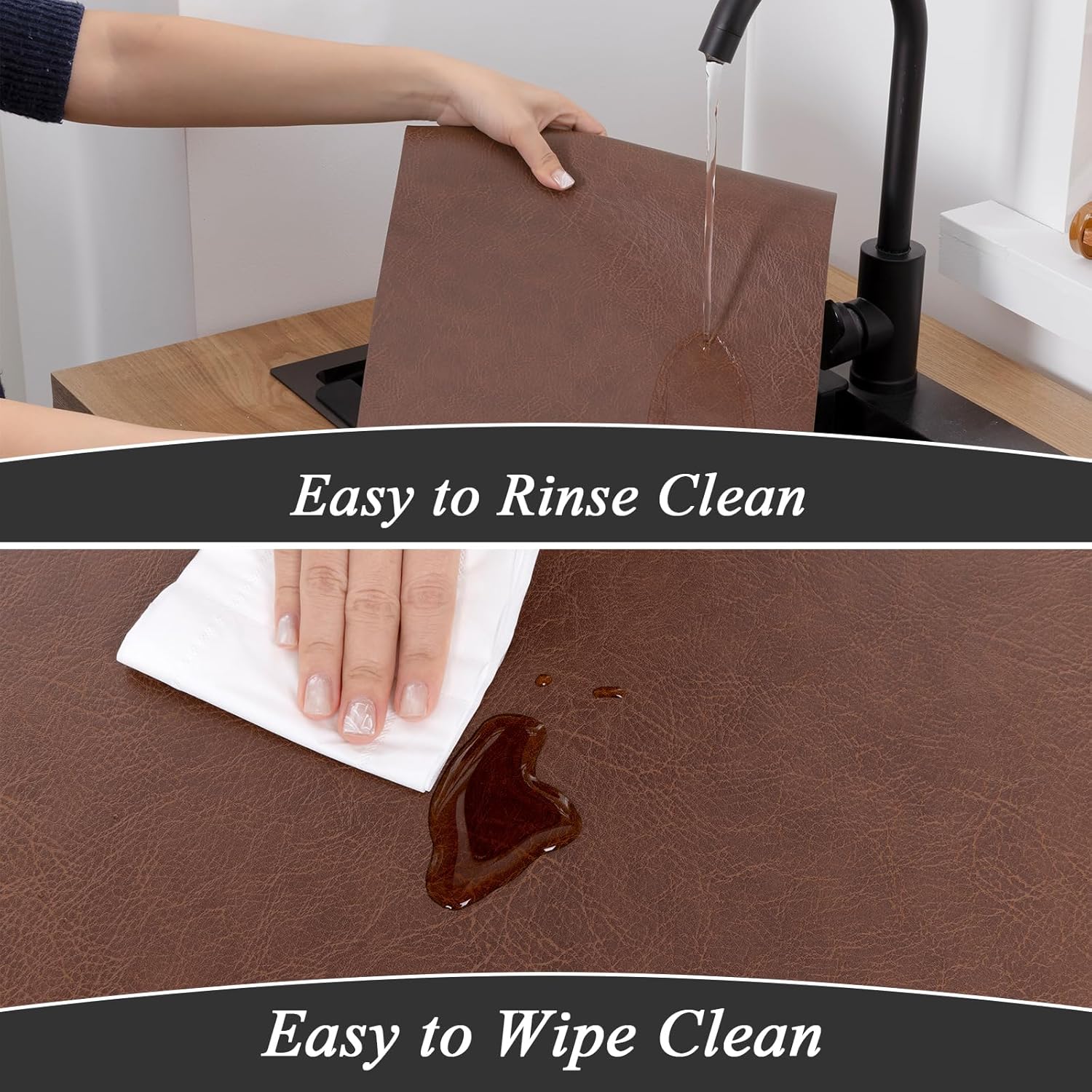 SHACOS Faux Cowhide Leather Placemats Set of 6, Wipeable Heat Resistant Table Mats, Stain Resistant Double Sided Reversible PU Place Mats for Dining Table Kitchen Restaurants, Toffee and Gray