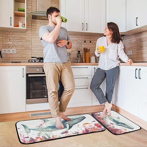 Miniatura 4 de Fantasy White Whale Kitchen Mat 2 Pcs Set, Low Pile Kitchen Rugs Cushioned Water Absorbent Washable Floor Mats for Kitchen Sink Laundry Room