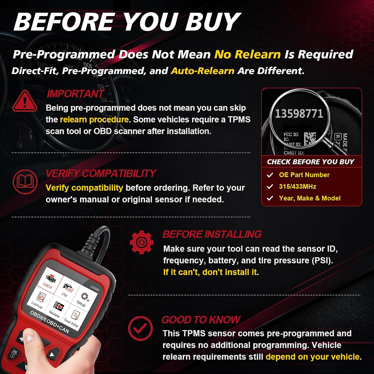 433MHz Pre-Programmed 4PCS TPMS Sensor 13533166