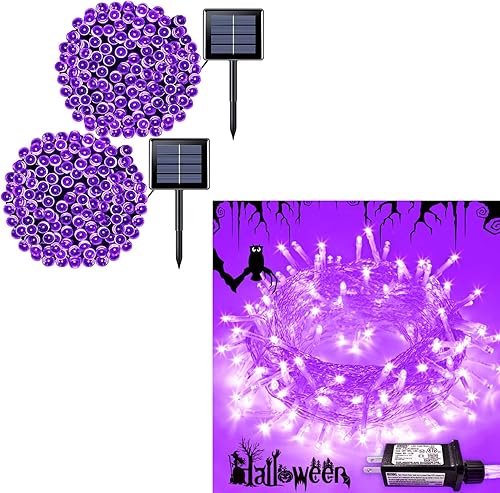JMEXSUSS Paquete de 2 luces solares de Halloween de 100 LED moradas/200 luces LED moradas de Halloween