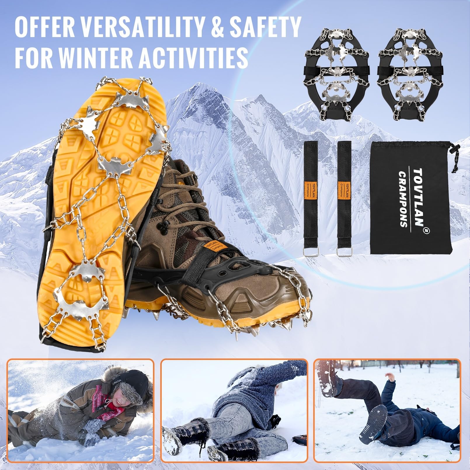 Steigeisen,Eiskrallen für Schuhe und Stiefel,Schneekrallen mit 19 Edelstahl Spikes für Winterwanderungen, Angeln und Spaziergänge im Freien