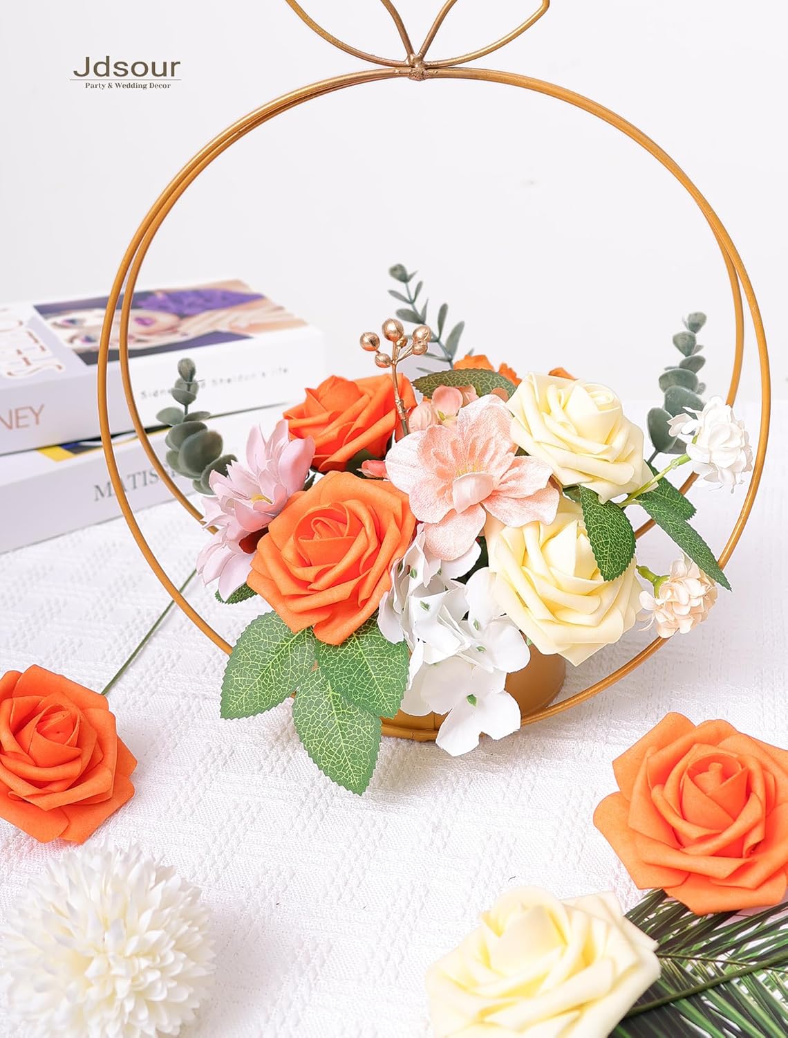 50pcs Artificial Flower，Real Touch Foam Roses w/Stem DIY for Wedding Bouquet Centerpieces Party Shower Home Decor-Yellow Orange