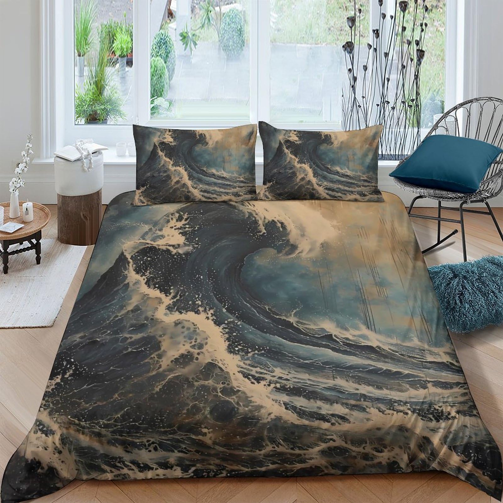 TUFRTGYHN 3D Printed Ocean Wave Duvet Cover Set Microfiber Soft Breathable Golden Storm Bedding Set with 2 Pillowcases for Bedroom Decor Single（135x200cm）