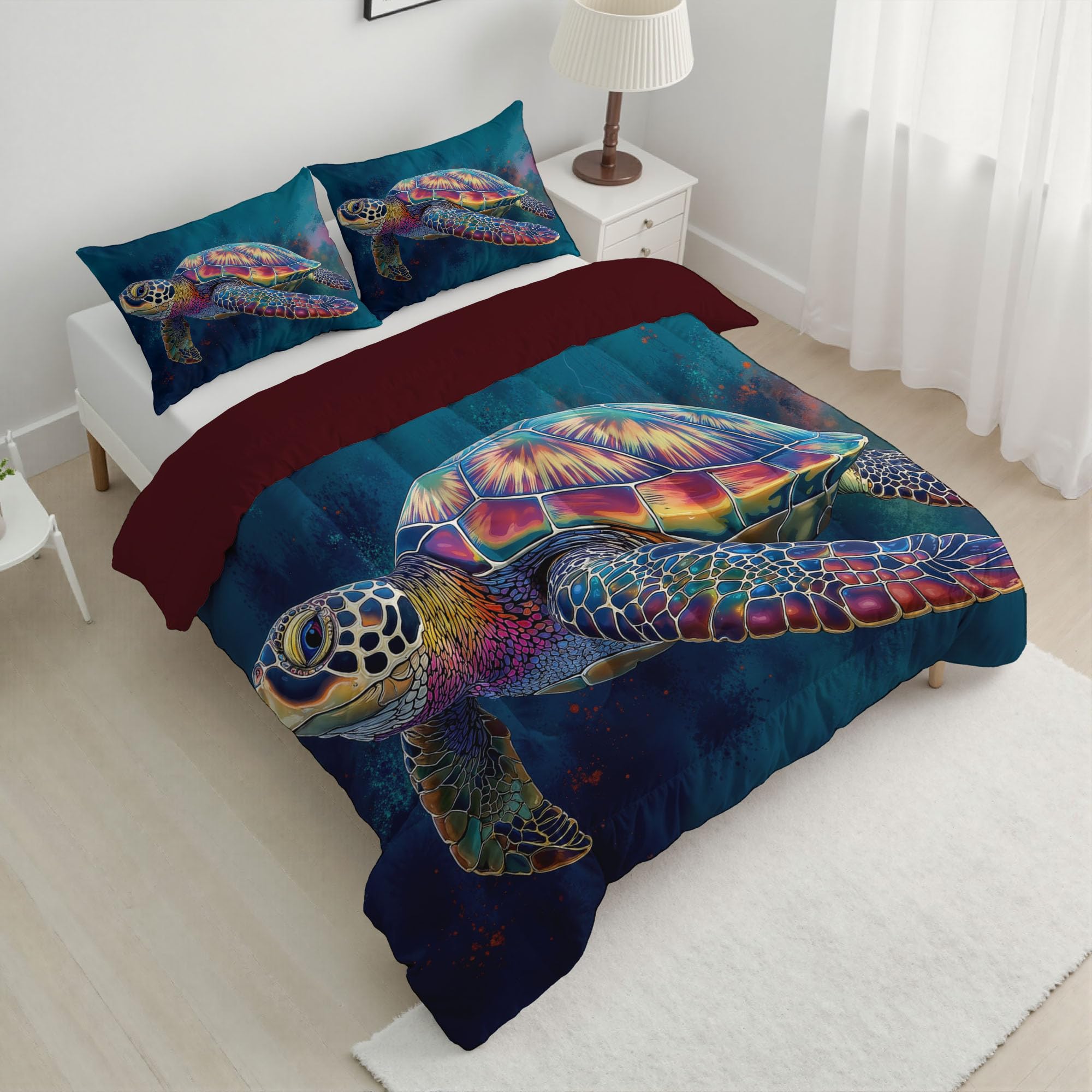 Trapunta Letto Singolo 4 Stagioni Piumone per Bambini, Tartaruga Marina Astratta Leggero Acquerello Vita Marina Set di Biancheria da Letto 140x200cm con 1 Federe,Piumino Lavabile In Lavatrice